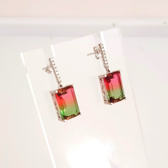 Emerald Cut 925 Watermelon Earrings Fuzion Sterling Silver Tiny Baguette Stones - Picture 1 of 7